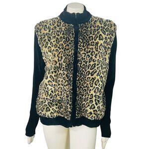 VTG Leopard Faux Fur Zip Up Cardigan Sweater Lisa International Old Money‎ Mob